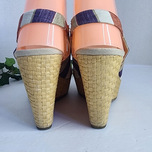 Anne Klein Fortuna Stripe Fabric Slingback Rattan Wedge Sandals Boho 6M - Picture 4 of 11